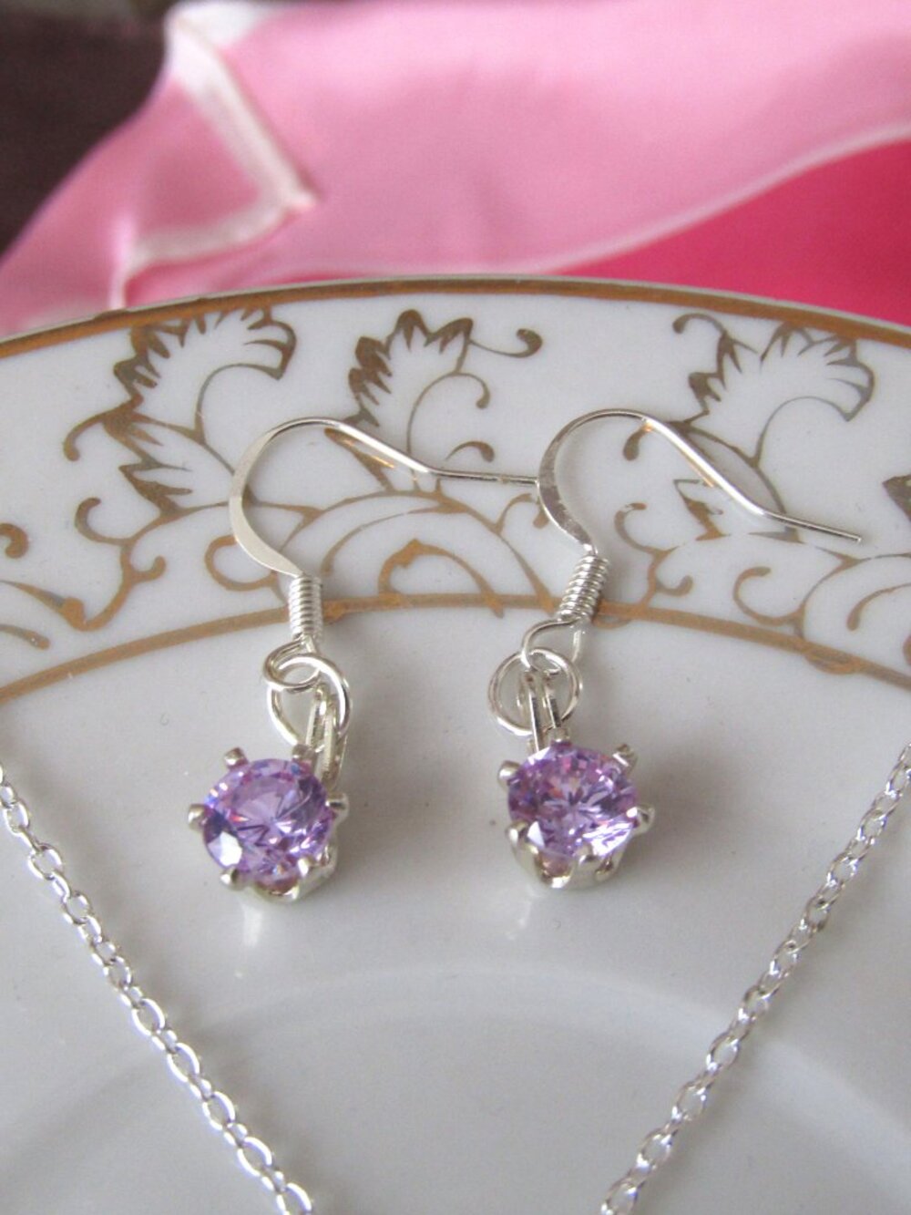 Amethyst 5mm Round Faceted Silverplate Necklace & Matching Amethyst Earrings Set - Picture 2 of 5